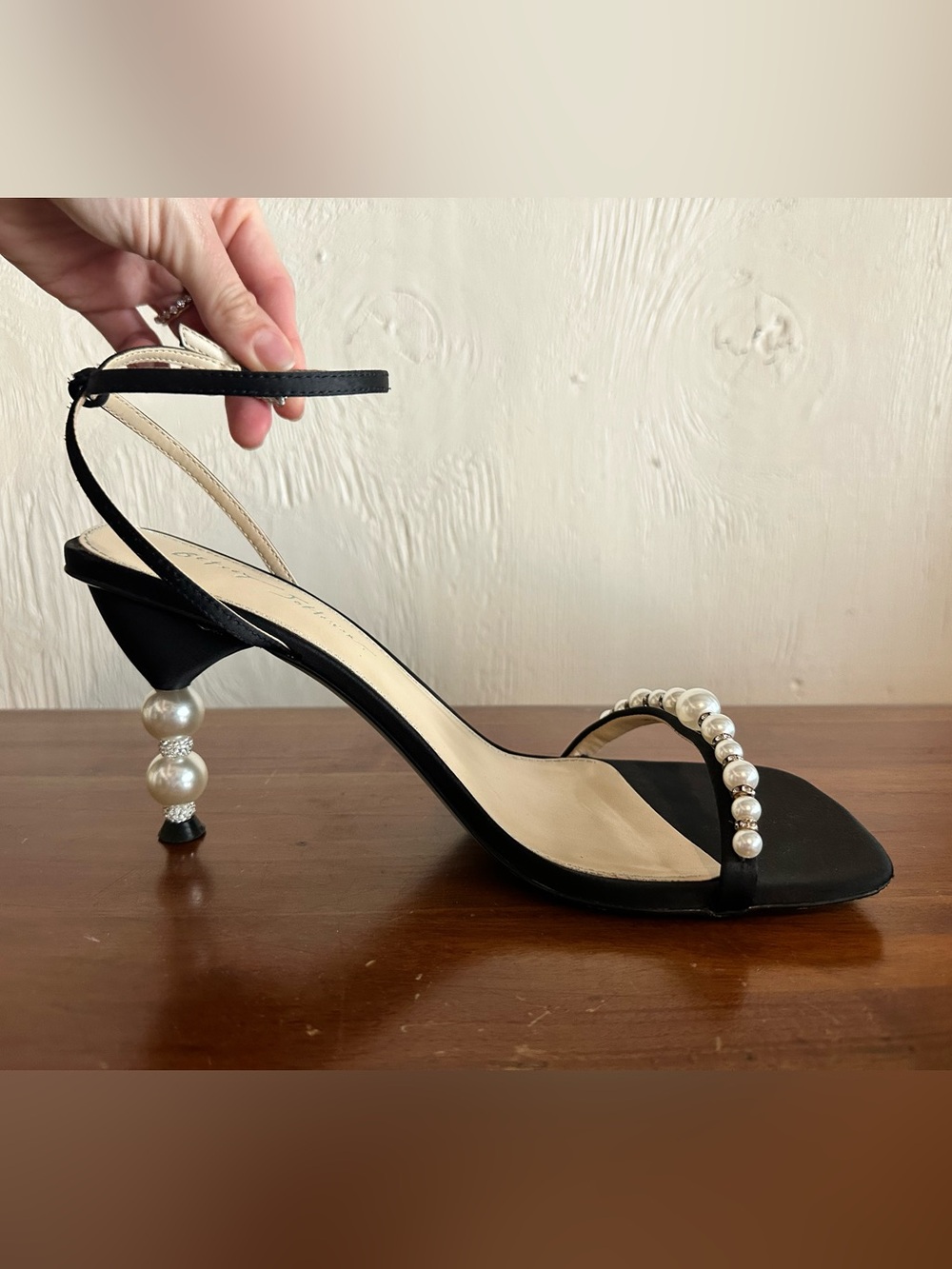 Betsey Johnson Black Pearl-Embellished Strappy Heels
